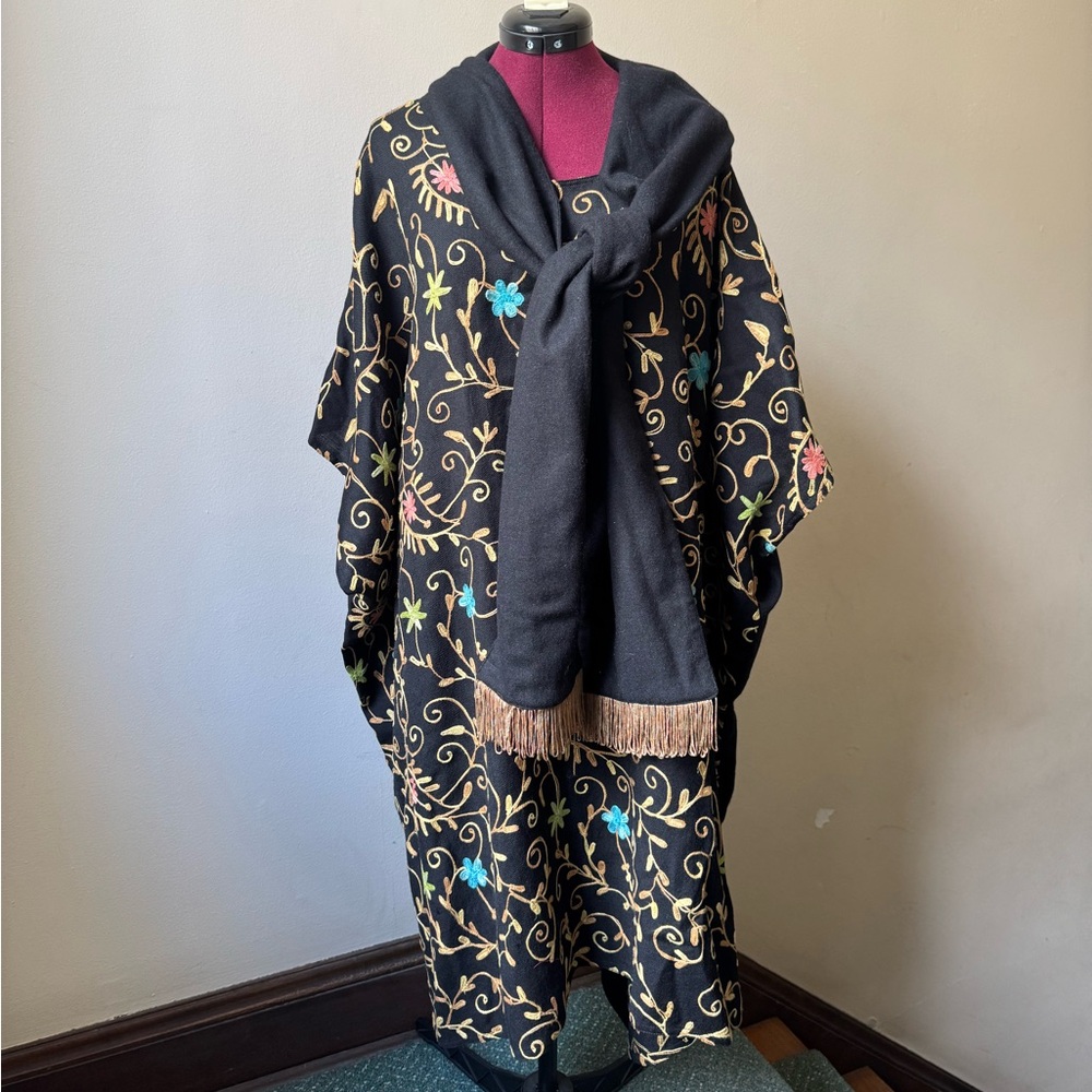 Indian Aari Work Embroidery Ethnic Floral Long Wool Coat Cape and Attached Scarf